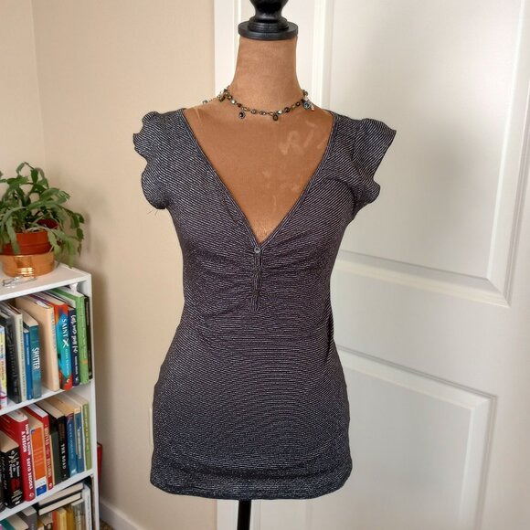 Vintage 2000s Express Y2K Black Glitter Stripe Top Mall Goth Whimsigoth - Picture 1 of 6